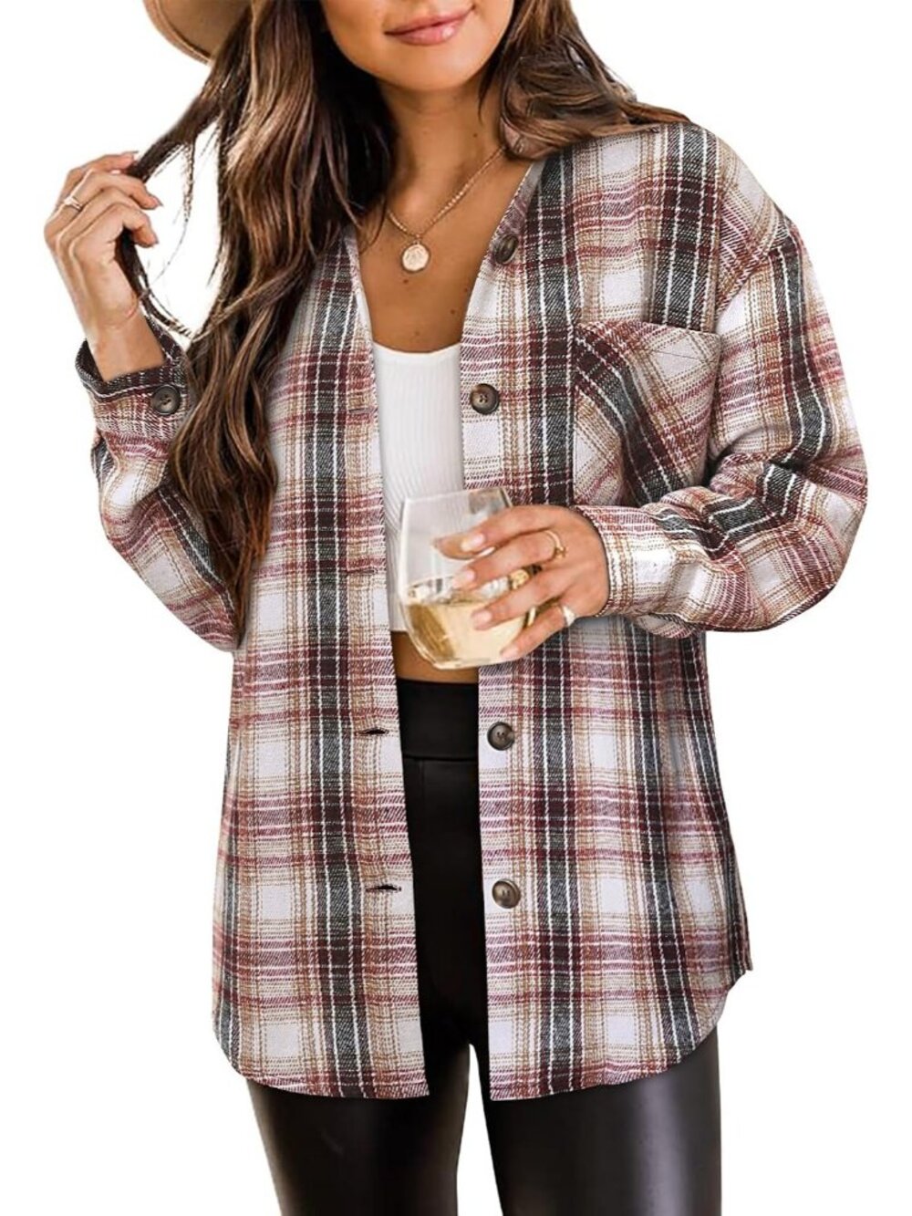 Women's Pink & Black Plaid Flannel Button-Down Long Sleeves Oversized Shacket